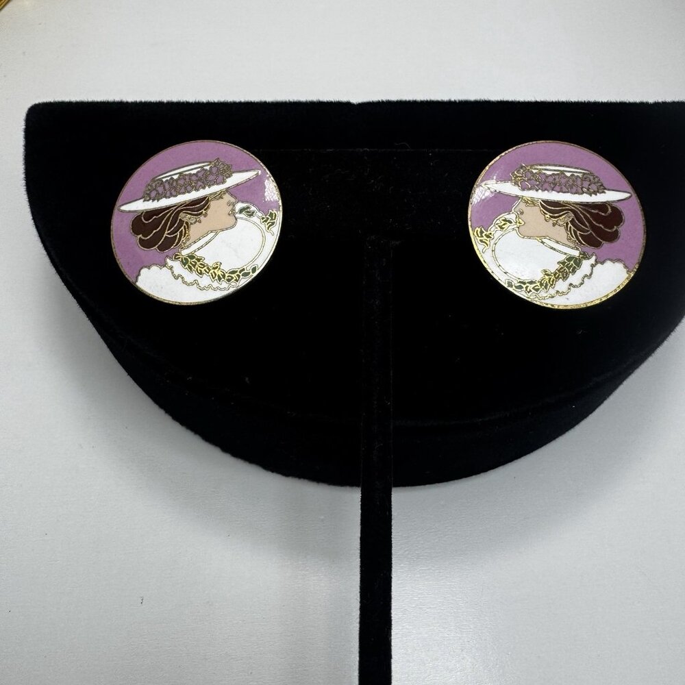 Diana Hansen-Young 1988 Enamel Earrings Vintage Art Nouveau Lady Portrait Rare - Picture 4 of 8